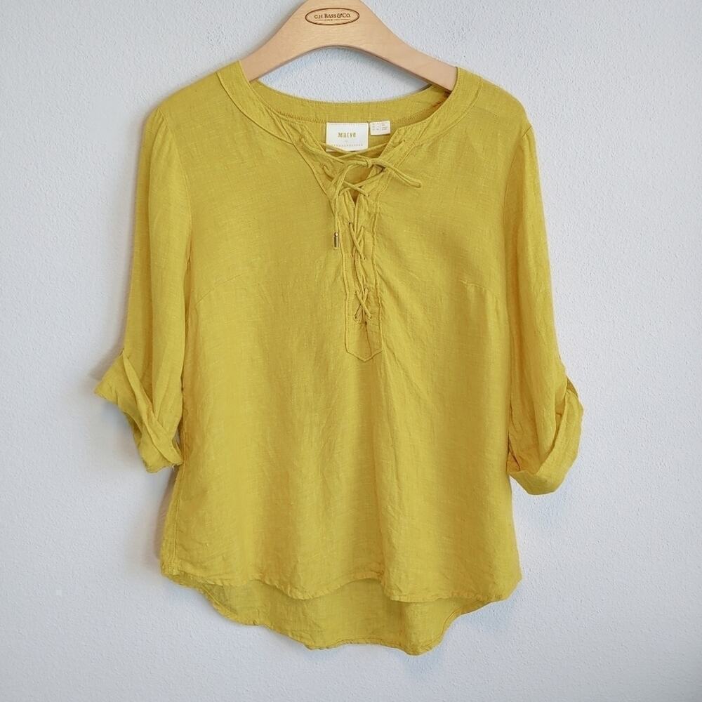 Maeve by Anthropologie Linen Butter Yellow Lace-Up Blouse Sz 4 Casual Summer